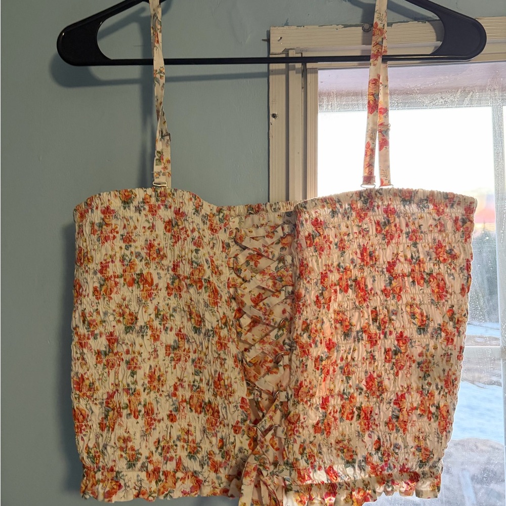 American Eagle Outfitters Floral Lace-Up Crop Top